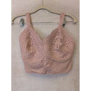 BKE Essentials Womens Medium Dusty Pink Floral Lace Ribbed Bralette Crop Top